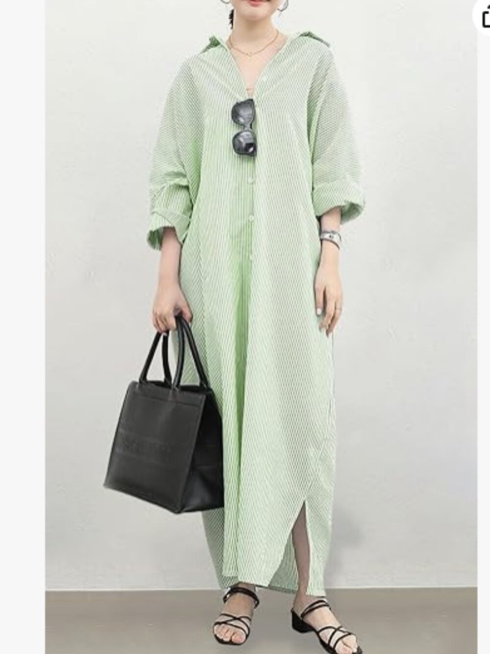 Women's Casual Long Sleeve Button Down Loose Striped Cotton Maxi Shirt Dress